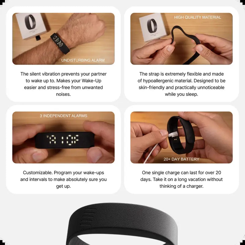 Onyx Silent Vibration Wrist-Worn Device - Alarm for Waking Up, Partner-Disturbance-Free for Heavy Sleepers, 2 Intensity Levels, up to 3 Alarms, 14+ Day Rechargeable Battery, Cool Gadgets for Adults, Gifts for Him, Gifts for Adults