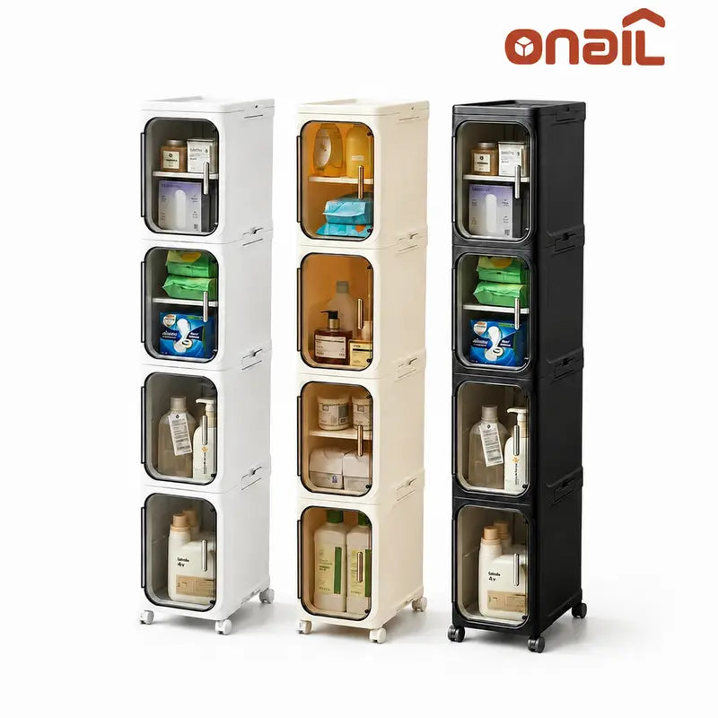 ONAIL 4-Layer Tall Narrow Plastic Storage Cabinet - Home Goods Apartment Furniture House Organizers with Slim Design, Doors, Adjustable Shelves, Wheels, Stackable Foldable Expandable for Small Spaces, Bathroom (5-10 Kg Capacity)