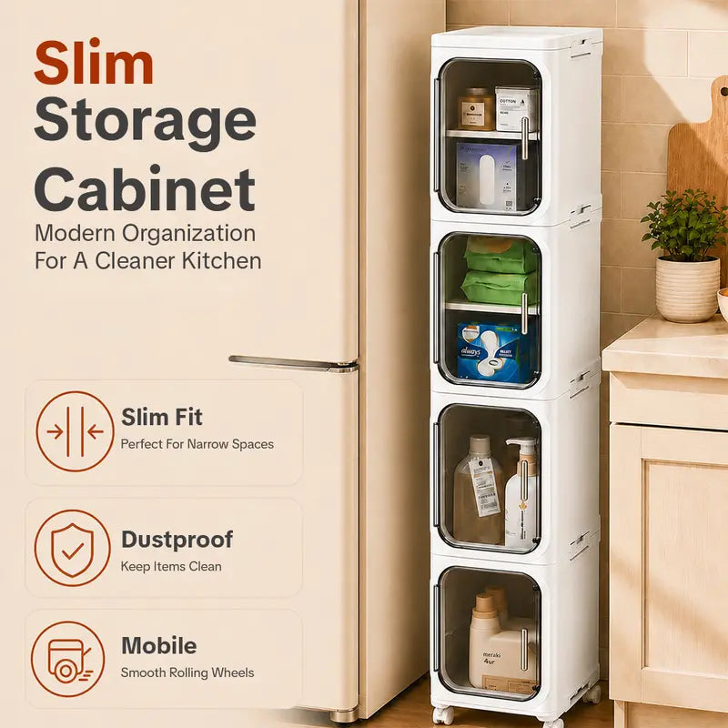 ONAIL 4-Layer Tall Narrow Plastic Storage Cabinet - Home Goods Apartment Furniture House Organizers with Slim Design, Doors, Adjustable Shelves, Wheels, Stackable Foldable Expandable for Small Spaces, Bathroom (5-10 Kg Capacity)