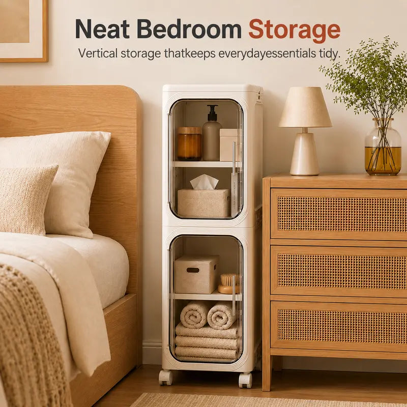 ONAIL 4-Layer Tall Narrow Plastic Storage Cabinet - Home Goods Apartment Furniture House Organizers with Slim Design, Doors, Adjustable Shelves, Wheels, Stackable Foldable Expandable for Small Spaces, Bathroom (5-10 Kg Capacity)