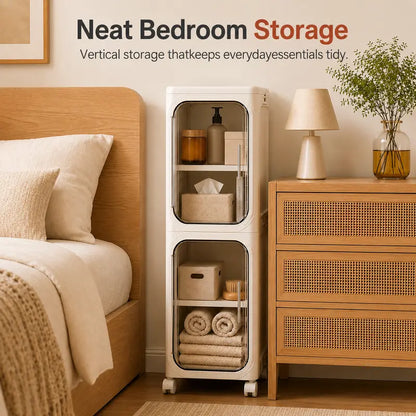 ONAIL 4-Layer Tall Narrow Plastic Storage Cabinet - Home Goods Apartment Furniture House Organizers with Slim Design, Doors, Adjustable Shelves, Wheels, Stackable Foldable Expandable for Small Spaces, Bathroom (5-10 Kg Capacity)