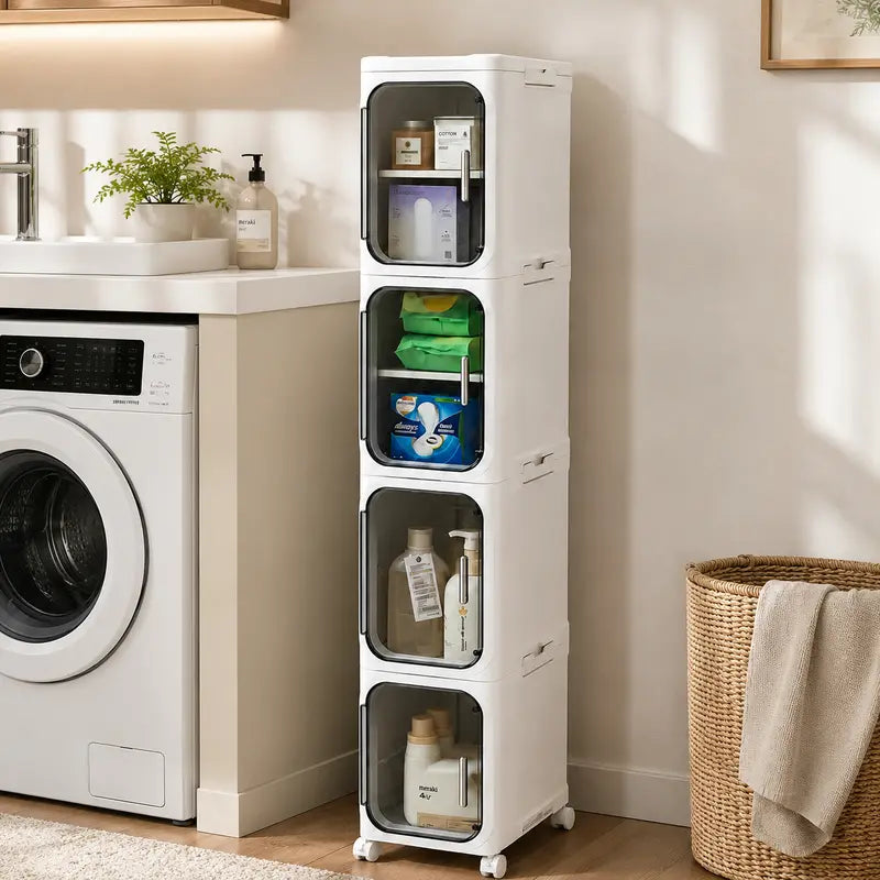 ONAIL 4-Layer Tall Narrow Plastic Storage Cabinet - Home Goods Apartment Furniture House Organizers with Slim Design, Doors, Adjustable Shelves, Wheels, Stackable Foldable Expandable for Small Spaces, Bathroom (5-10 Kg Capacity)