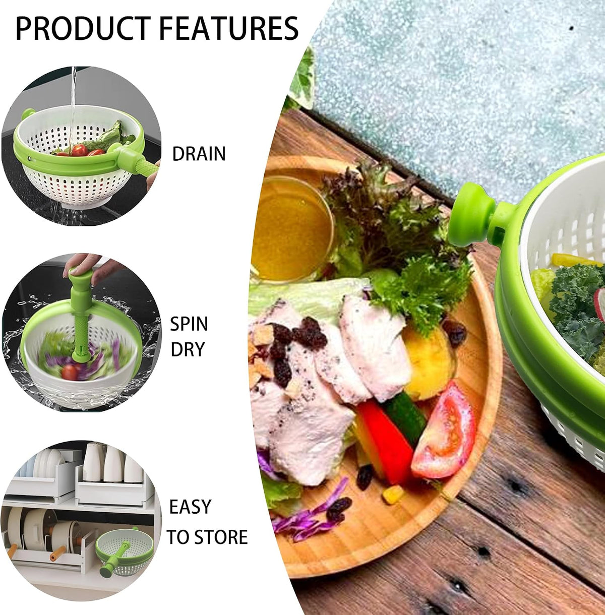 Collapsible Salad Spinner 3-In-1, 3Qt Space Saving Colander & Vegetable Dryer, Foldable for Easy Storage, Dishwasher Safe, Bpa-Free, Non-Slip Base, for Small Kitchens, Dorms, RV, Camping