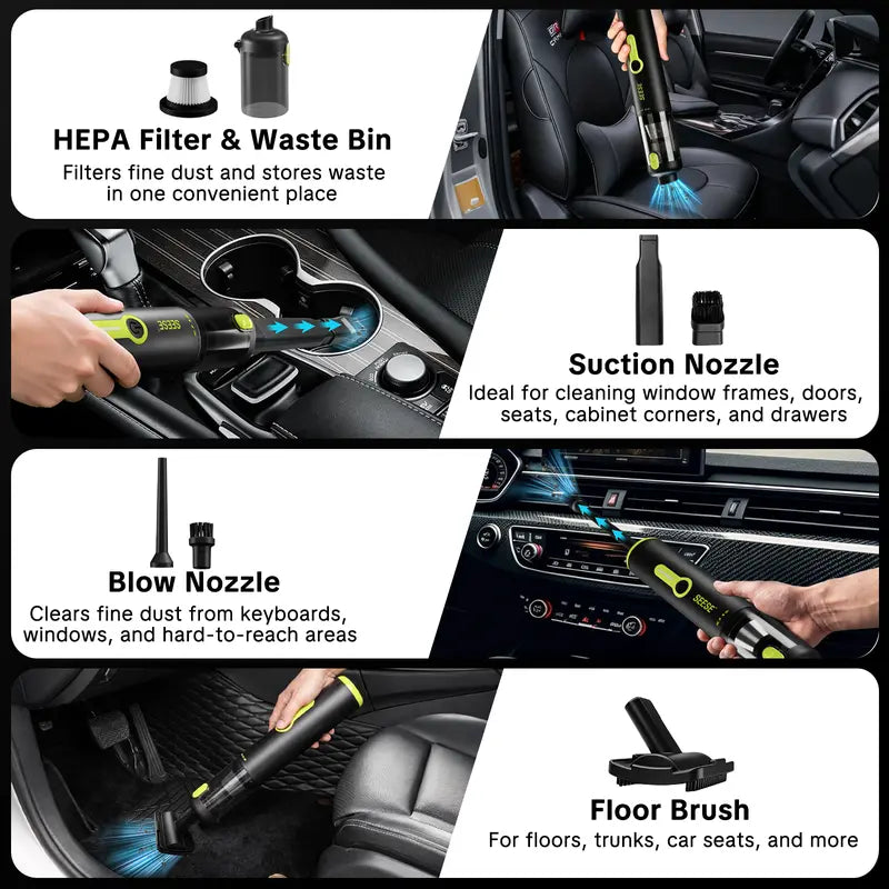SEESE Car Vacuum Portable Cordless, 20000Pa 2 in 1 Vacuum Cleaner&Air Duster, 100W Brushless Motor Handheld Vacuum Cordless with 6000Mah Battery, Multi-Nozzles for Car, Home, Office, Pet Toolupgrade