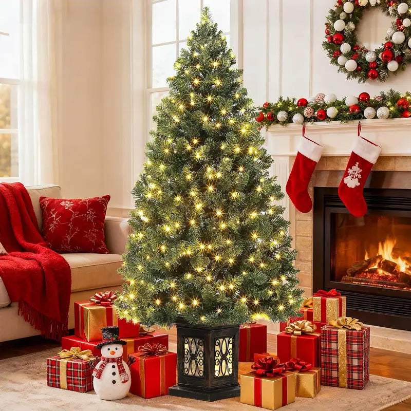 Gaomon 4.5 Ft Pre-Lit Artificial Fiber Optic Christmas Tree (1 PCS) - Potted with 300 LED Lights, 8 Lighting Modes, Antique Urn Base, Festive Ornaments, Indoor/Outdoor Holiday Magic Home Decor, Christmas Gifts