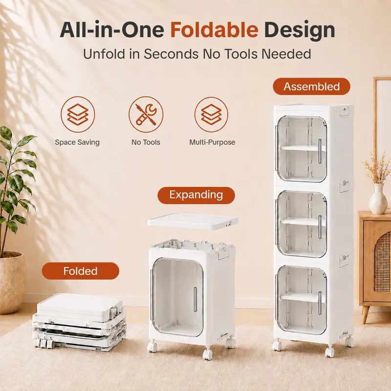 ONAIL 4-Layer Tall Narrow Plastic Storage Cabinet - Home Goods Apartment Furniture House Organizers with Slim Design, Doors, Adjustable Shelves, Wheels, Stackable Foldable Expandable for Small Spaces, Bathroom (5-10 Kg Capacity)