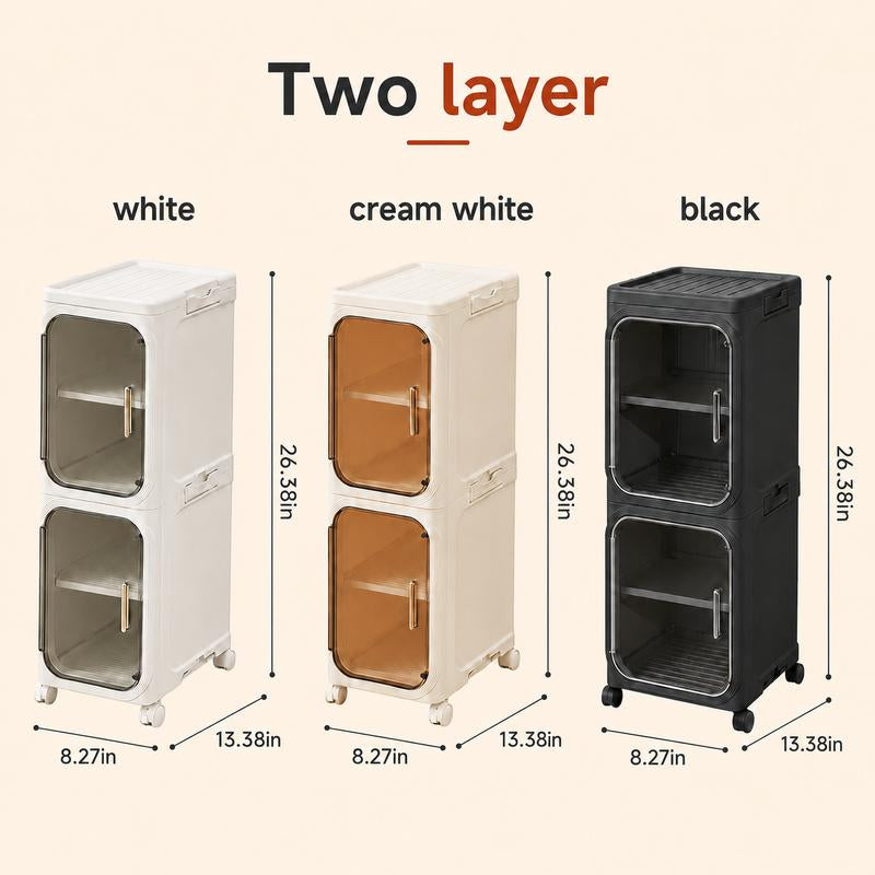 ONAIL 4-Layer Tall Narrow Plastic Storage Cabinet - Home Goods Apartment Furniture House Organizers with Slim Design, Doors, Adjustable Shelves, Wheels, Stackable Foldable Expandable for Small Spaces, Bathroom (5-10 Kg Capacity)