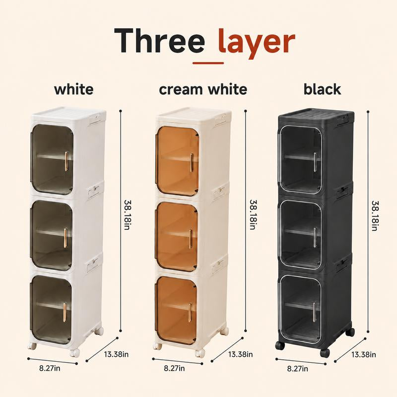 ONAIL 4-Layer Tall Narrow Plastic Storage Cabinet - Home Goods Apartment Furniture House Organizers with Slim Design, Doors, Adjustable Shelves, Wheels, Stackable Foldable Expandable for Small Spaces, Bathroom (5-10 Kg Capacity)