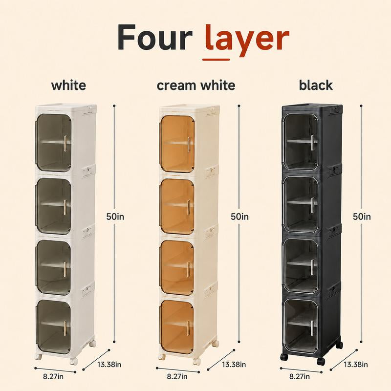 ONAIL 4-Layer Tall Narrow Plastic Storage Cabinet - Home Goods Apartment Furniture House Organizers with Slim Design, Doors, Adjustable Shelves, Wheels, Stackable Foldable Expandable for Small Spaces, Bathroom (5-10 Kg Capacity)