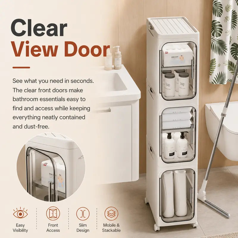 ONAIL 4-Layer Tall Narrow Plastic Storage Cabinet - Home Goods Apartment Furniture House Organizers with Slim Design, Doors, Adjustable Shelves, Wheels, Stackable Foldable Expandable for Small Spaces, Bathroom (5-10 Kg Capacity)